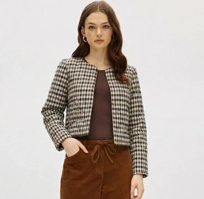 NWT Caroline Constas Lyla Quilted Jacket Size S Small Brown Navy Gingham Check - Image 1 of 4
