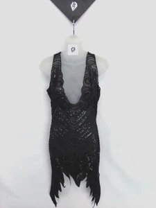 Fashion Nova Damen Aery Seqiun sexy schwarz Perlen Mini 20er Kleid Größe Small - Bild 1 von 7