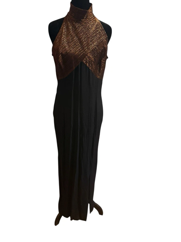 Maxi Vestido Virgo II Vintage Años 70 Metálico Cobre Halter Cuello Simulado Negro Talla 12 Foto 1 de 4