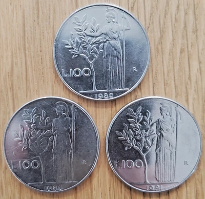 Lot of 3 RARE Italy 100-Lire Coins (1980, 1980, 1981) FREE SHIPPING - Image 1 of 2