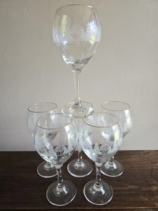 Set 6 bicchieri da vino vintage Libbey scena albero invernale smerigliato con bordo oro 22k - Foto 1 di 12