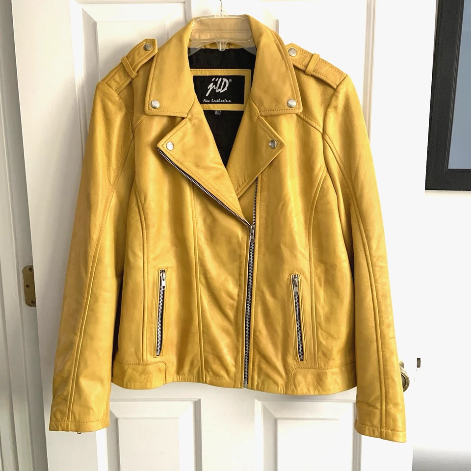 Yellow real LEATHER Moto Jacket Women sz 2XL JilD New LeatherInn Wrist Zips - Image 1 of 4