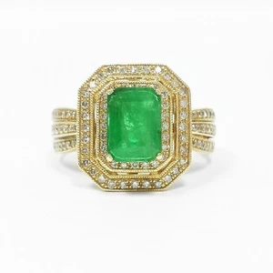 Doppel Halo Diamant natürlicher Smaragd Cocktail Ring EFFY Schmuck 14k Gelbgold - Bild 1 von 10
