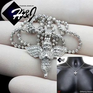 18"MEN 925 STERLING SILVER 2MM MOON CUT BEAD CHAIN ICY CZ ANGEL WING PENDANT*106 - Picture 1 of 7