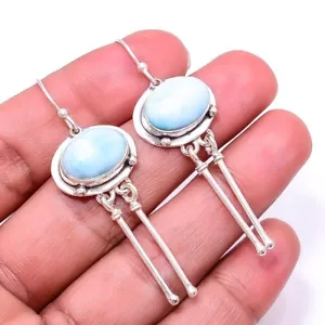 Larimar Gemstone Earring 925 Sterling Silver Handmade Jewelry - 1.50" - Picture 1 of 2