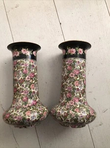Pair Of Rose land Chintz Crown Large 11 Inch Vases Black/pink/white/green 1920’s - Picture 1 of 5