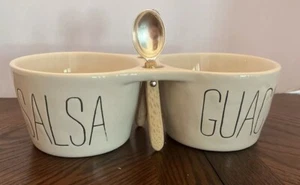 Pottery Mud Pie Wild & Mild Salsa & Guac Double Serving Bowl w/Spoons Party - Picture 1 of 17