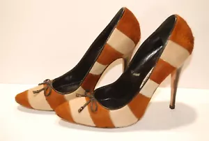 Manolo Blahnik Tan/ Natural Pony Hair Two Tone Stiletto Heels Sz 38.5 - Picture 1 of 7