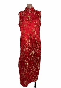 Vintage Asian Floral Cheongsam Dress Mandarin Collar Metallic Gold Red 3xl PH - Picture 1 of 10