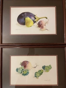 2 estampados originales de acuarela vintage, Susie Hesselbarth, firmados, berenjena, brotes - Imagen 1 de 12