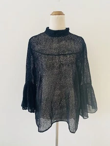 Witchery Blouse Size 14 Black Flocked Polka Dot Sheer 3/4 Bell Sleeve High Neck - Picture 1 of 12
