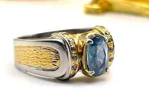 Men Ceylon Sapphire Ring 925 Sterling Silver & Gold Plated Vintage Inspired Ring - Picture 1 of 10