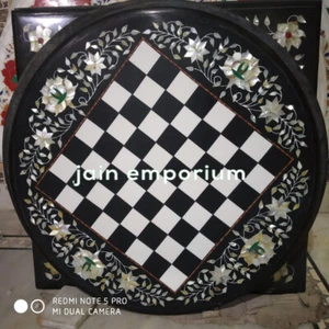 Mesa de ajedrez de mármol negro de 18" incrustación central pietra dura malaquita decoración de habitación - Imagen 1 de 4