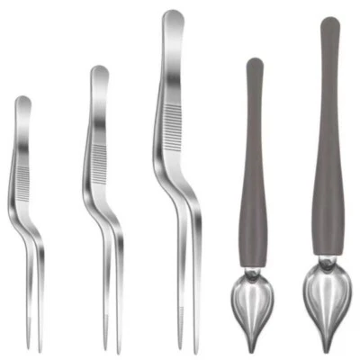Pro Chef Plating Kit TWEEZERS Tongs Dessert Sauce Tool Spoon Kitchen Offset Set - Image 1 of 4