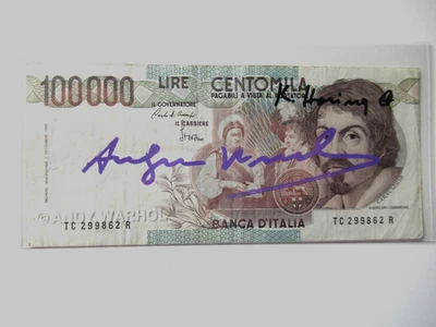 A. WARHOL/K.HARING: 100.000Lire "CARAVAGGIO" 2x Original SIGNIERT IN FLIEDER - Bild 1 von 4