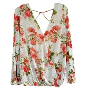 Blusa envolvente floral espalda cruzada manga larga de Deb 1X gris/rojo ligero con Pi - Imagen 1 de 4
