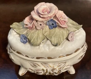 Caja de baratijas Cordey China años 40 rosa flor porcelana ovalada pintada a mano de colección EE. UU. - Imagen 1 de 13