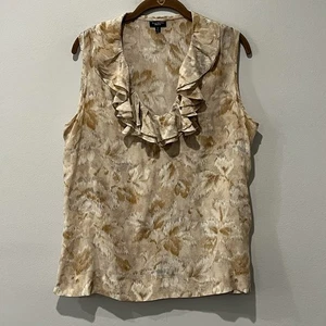 Talbots Top 100% Silk Women’s 16 Brown   Cream Leaf Ruffle Neck Sleeveless - Picture 1 of 6