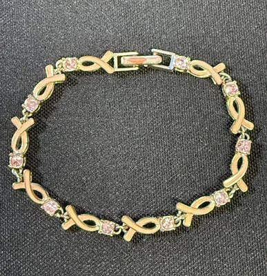 AVON Silver Tone Pink Enamel & Pink Rhinestone Breast Cancer Awareness Bracelet - Image 1 of 4