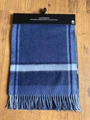 Marks & Spencer Extra Fine Merino Wool Scarf Blue Check New - Image 1 of 4