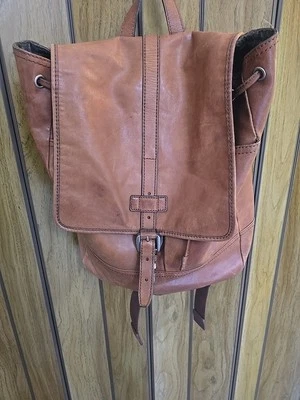 Fossil Backpack Emerson Leather Woven Canvas Straps Tassel Drawstring Top Load - Image 1 of 4