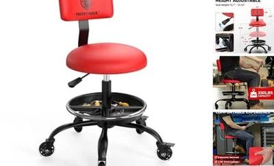 Rolling Shop Stool with Wheels, Garage Mechanic Stool Chair with Backrest, Red - Image 1 of 4