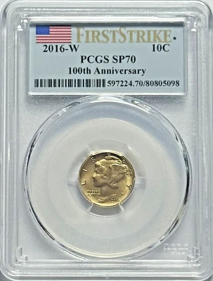 2016-W Gold Mercury Dime 100th Anniversary First Strike PCGS SP70 - Flag Label - Image 1 of 2