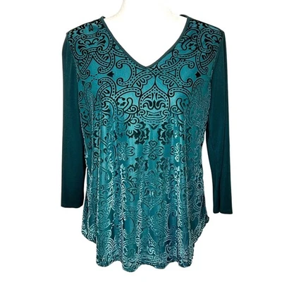 Top de mujer Dana Buchman verde terciopelo elástico cuello en V manga larga grande Foto 1 de 4