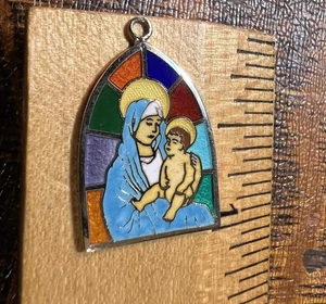Religiöser Anhänger Sterling Silber Emaille Mutter Maria & Jesuskind 2,94 gr - Bild 1 von 9