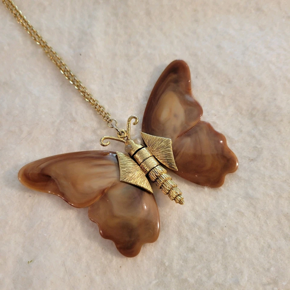 Vintage Articulated Swirl Brown Butterfly Double Gold Tone 1960s Necklace 24" - Image 1 of 4
