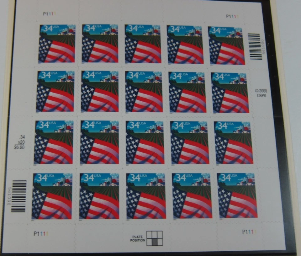 USPS 2001 Stamp Pane of 20 Stamps Showing Flag Over Farm. (34 Ct)( Scott # 3470) - Image 1 of 1