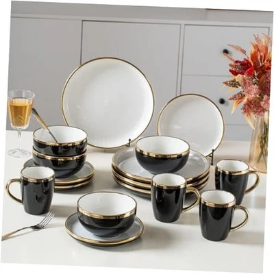 Juego de vajilla de cerámica para 4, 16 piezas platos y cuencos en contraste negro Foto 1 de 4