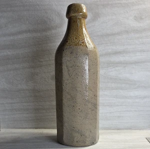 1800s 12 SIDED SALT GLAZE STONEWARE ROOT BEER BOTTLE 2-Toned Swirl Bottom 10.75" - Picture 1 of 17