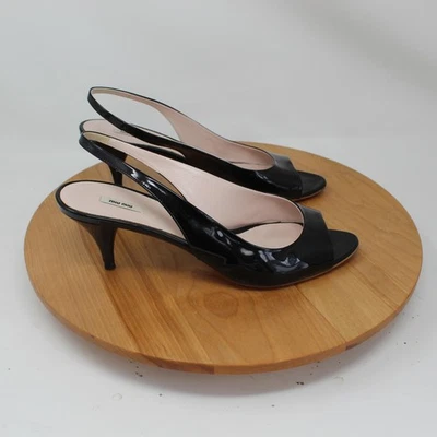 Sapatos femininos Miu Miu 9,5 couro envernizado salto estilingue trabalho negócios escritório chique - Imagem 1 de 4