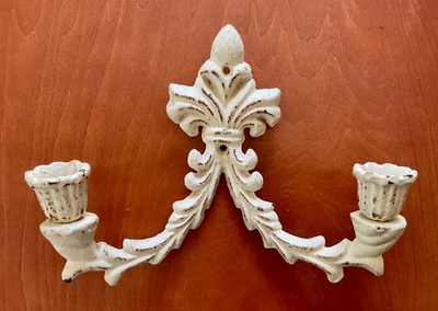Vintage Cast Iron Ornate Double Wall Sconce ~ W 8.5” x T 6.5” x 3.25” D ~ White - Image 1 of 2
