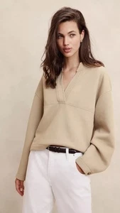 Banana Republic Beige Scuba Split Neck Sweatshirt Women's Size M Pockets NWT - Picture 1 of 18