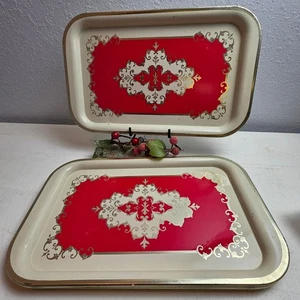 Vintage MCM Retro Metal Serving Trays Set Of 4 Red Gold Scrollwork Kitchen Party - Picture 1 of 5