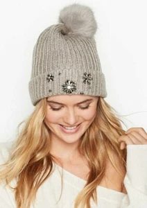 Victoria's Secret Winter Angel Pom Pom Beanie Hat w/ Bling Gray -New in Package - Picture 1 of 4