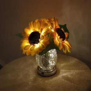 Sunflower Lamp Artificial LED Sunflower Flowers with Glass Vase Table Lamp Ni... - Picture 1 of 7