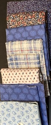 Lot of 8 Fabric Scraps Blues Calico Plaid Tiny Stars Tiny Swans Blue Roses - Image 1 of 4