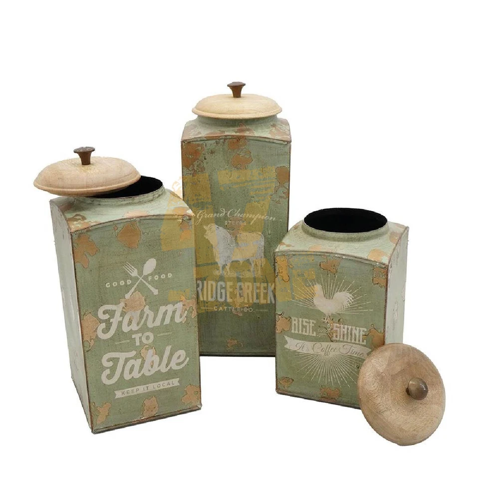 S/3 Gi Canister w/ Wdn Lid Brown Green Indoor Outdoor Tabletop Home Decor - Image 1 of 4