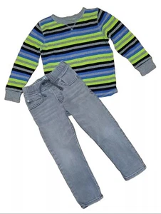 Size 4 Boys Gray Denim Slip On Denim Pants & Striped Long Sleeve Shirt Outfit  - Picture 1 of 5