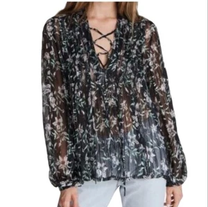 Rag & Bone Sachi Floral Blouse Women’s Size XS Pleated Lace-Up Black Boho - Picture 1 of 9