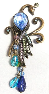 Vintage Pfau Brosche in antik goldfarben und blauen Strasssteinen - Bild 1 von 6