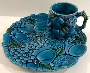 Vintage Inarco Mood Blue Indigo Snack Plates & Cups E2415 & E2615, 1970s Fruits - Picture 1 of 10