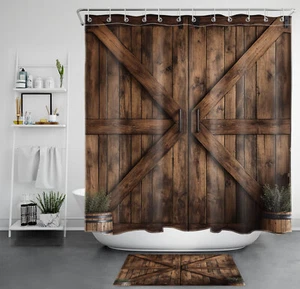 Country Vintage Rustic Brown Barn Door Shower Curtain Bathroom Accessories Set - Picture 1 of 23