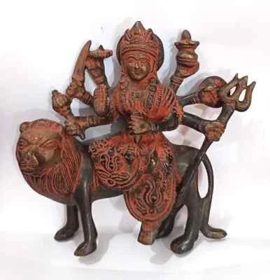 Antiguo Ritual Indio Tribal Latón de DURGA ON LION SHERAWALI Mata 7 pulgadas Foto 1 de 4