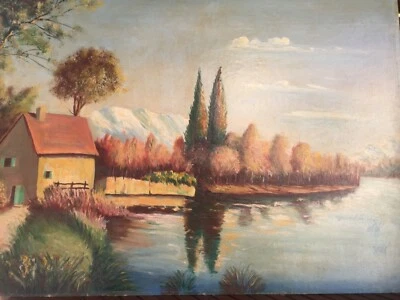 petite maison au bord du lac d'Annecy, paysage de france huile sur panneau 79X55 - Photo 1/4