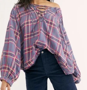 Free People Bauernbluse Oberteil Gr. XS Relaxed ausgefranster Saum Langarm kariert NEU - Bild 1 von 12