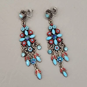 Pierced Earrings Dangle AB Blue Rhinestone Acrylic Red Chandelier 2 3/4 in - Picture 1 of 15